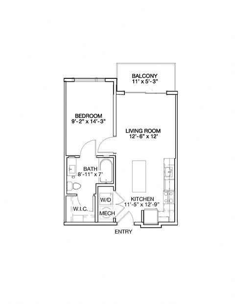 Floor plan for 1 bed, 1 bath, 590 sqft